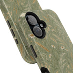 Golden Meadow – Sage Green Wildflower MagSafe Phone Case, glossy vertical dual-camera model, camera and side-button close-up