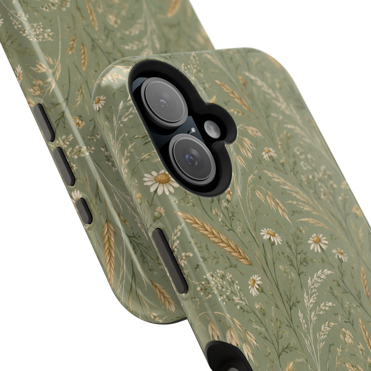 Golden Meadow – Sage Green Wildflower MagSafe Phone Case, glossy vertical dual-camera model, camera and side-button close-up