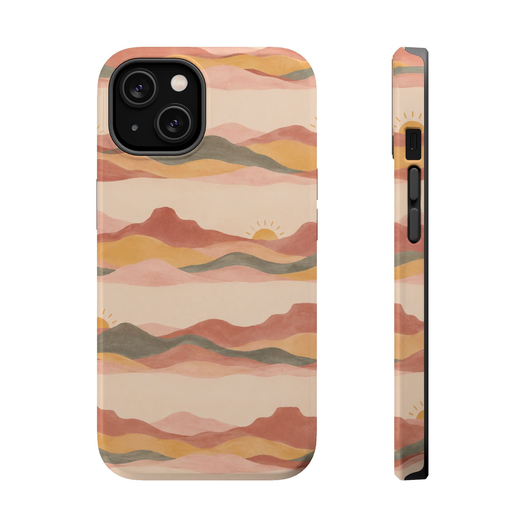 Sunset Trails – Desert Landscape MagSafe Phone Case, glossy iPhone 14, rear and side profile
