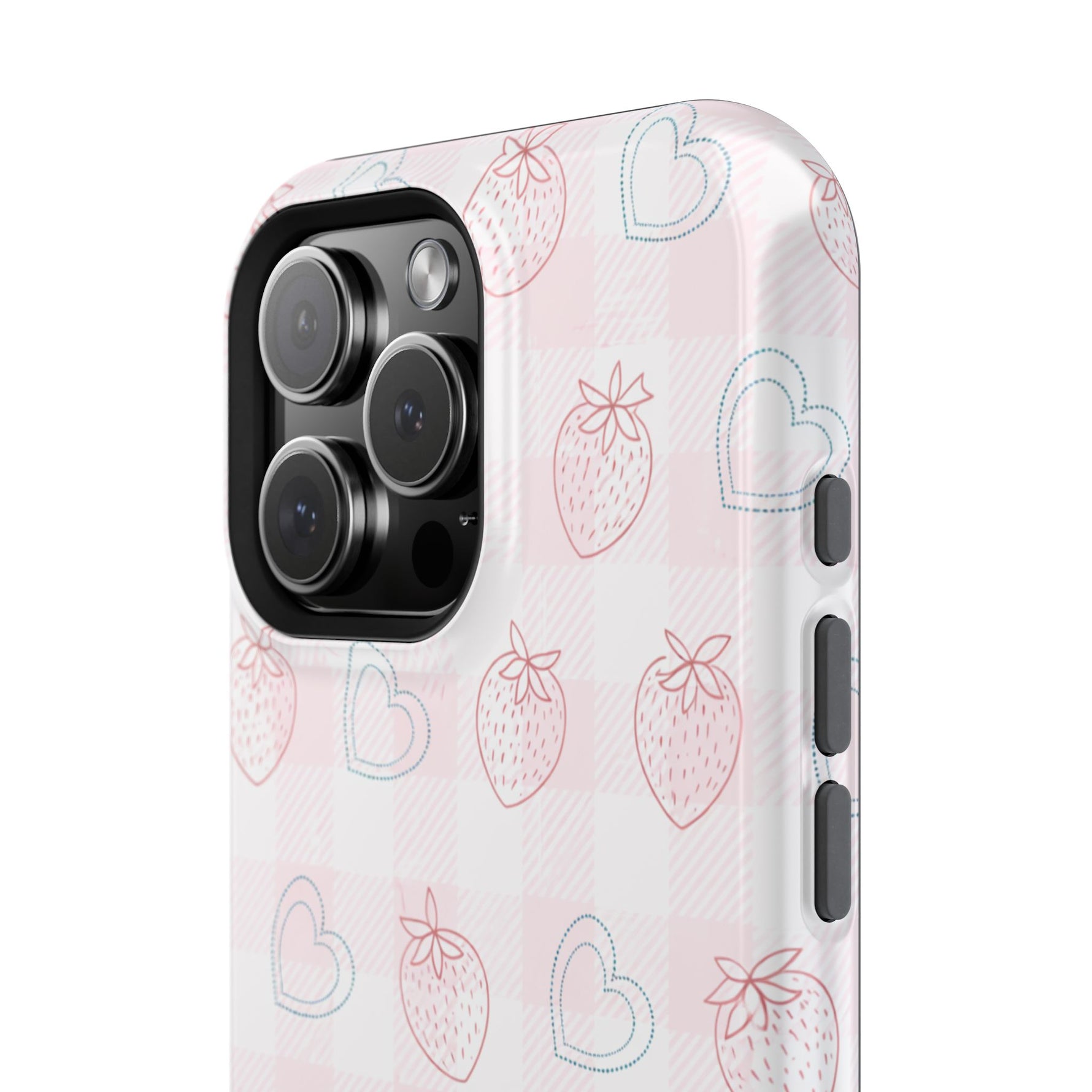 Strawberry Hearts MagSafe Compatible Phone Case | 'Paint it your way' Pink Plaid Impact-Resistant