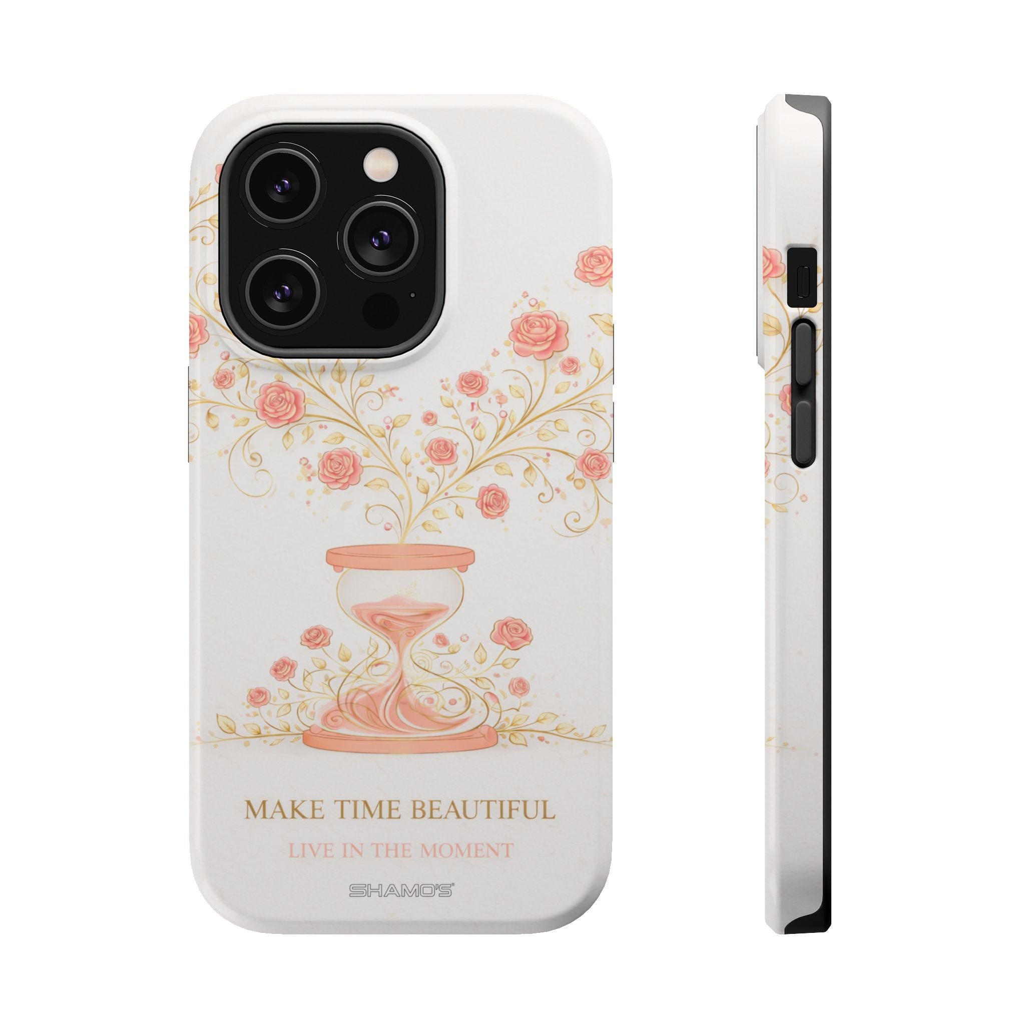 Magnetic iPhone Case, "Make Time Beautiful" Floral Hourglass Protective Cover - iPhone 14 Pro / Glossy - Shamo's