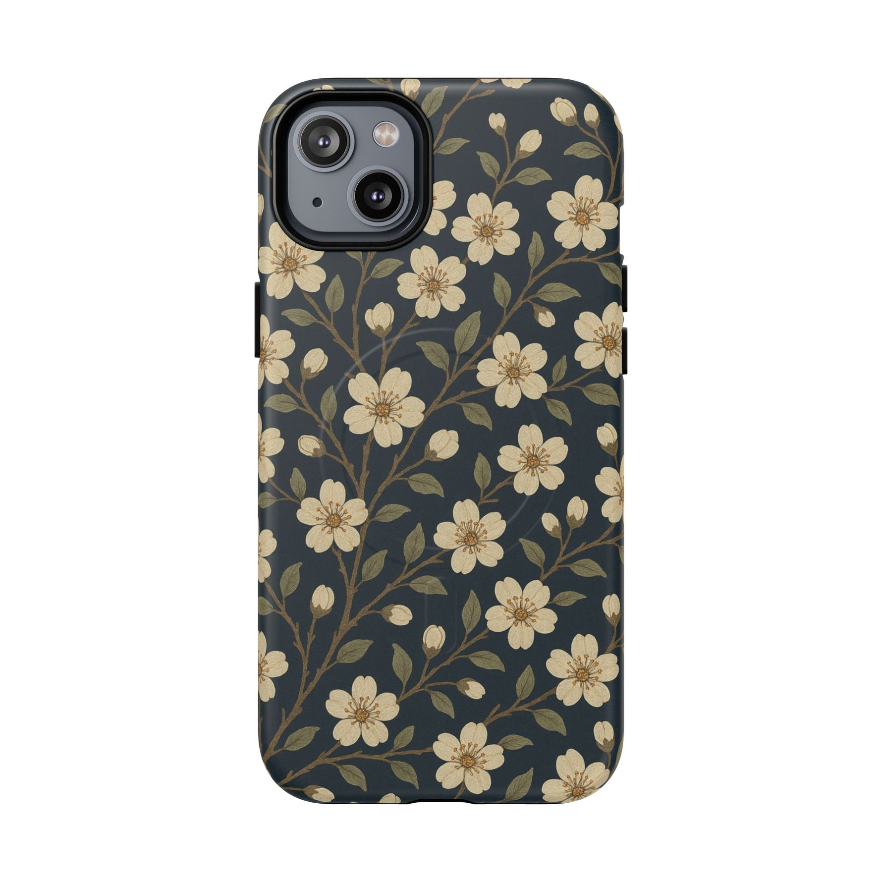 Navy Cherry Blossom Floral iPhone Case - Compatible with MagSafe - Shamo's