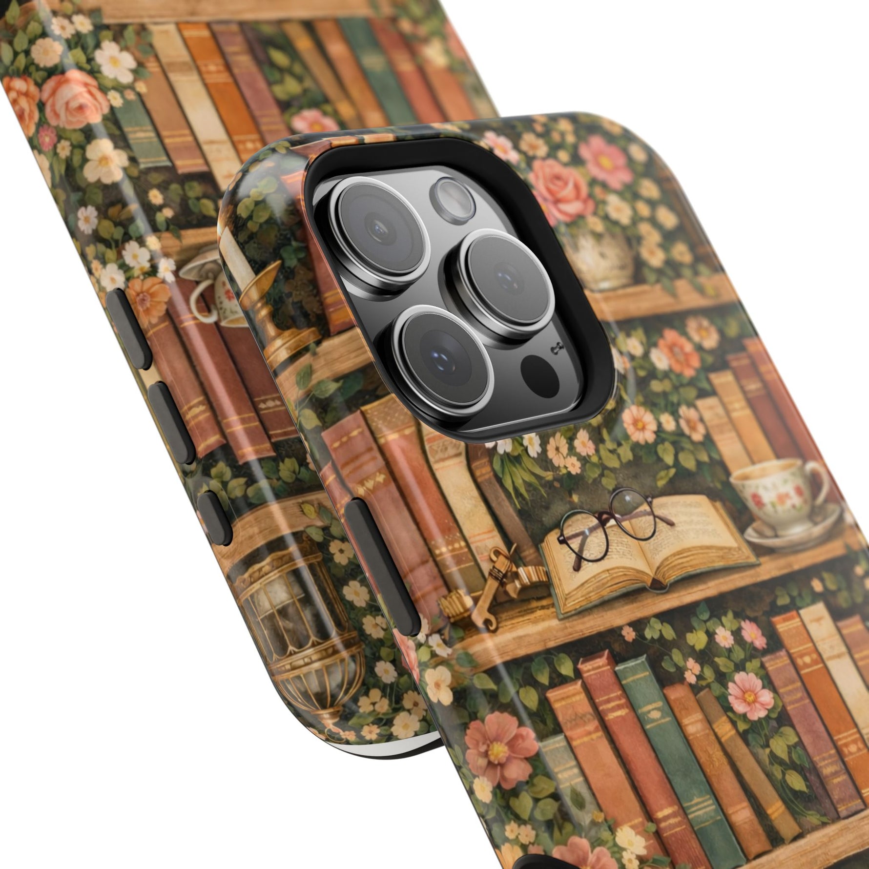 Floral Bookshelf iPhone Case — MagSafe Magnetic, Impact-Resistant