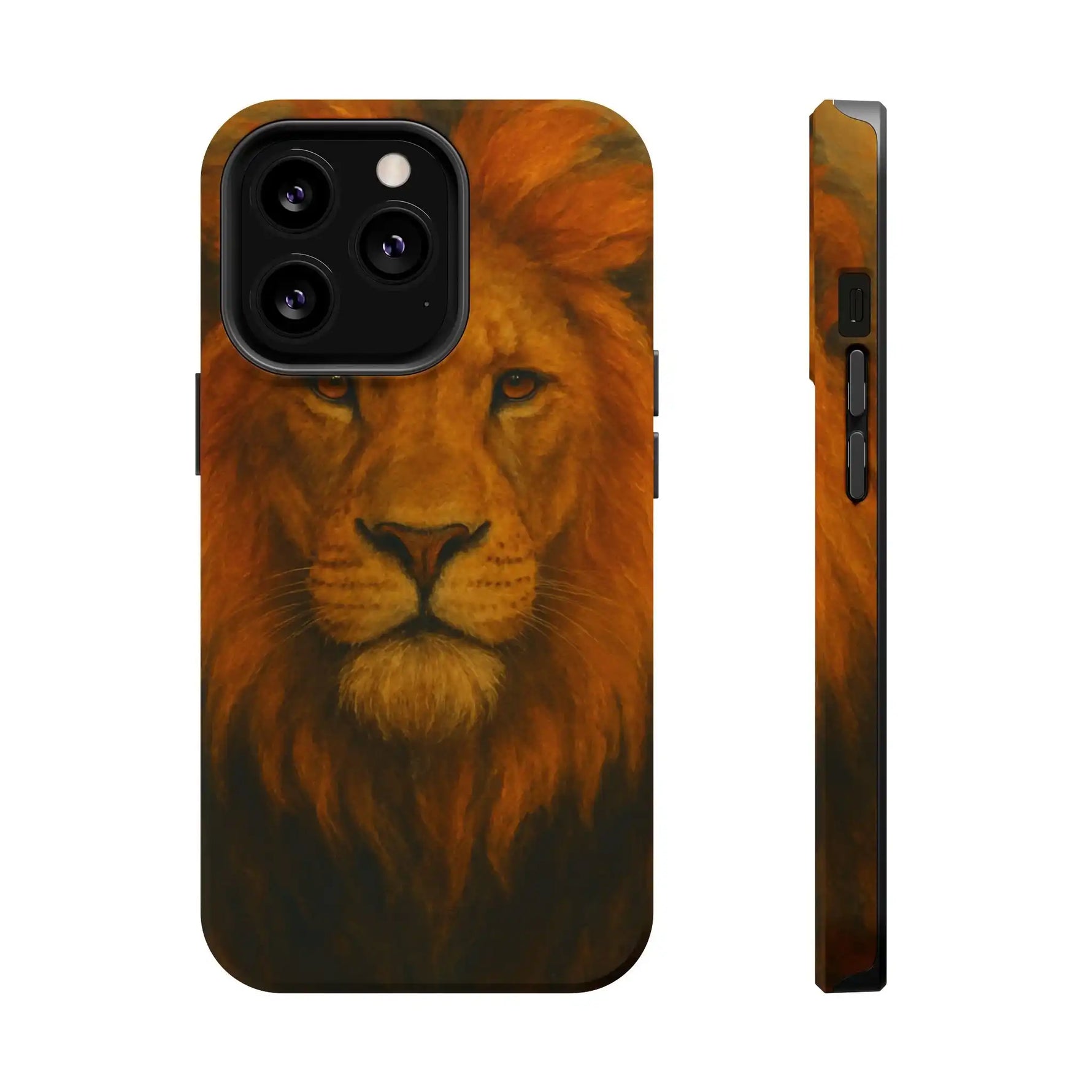 iPhone case with close-up lion face design shown in front and side view, showcasing variant size