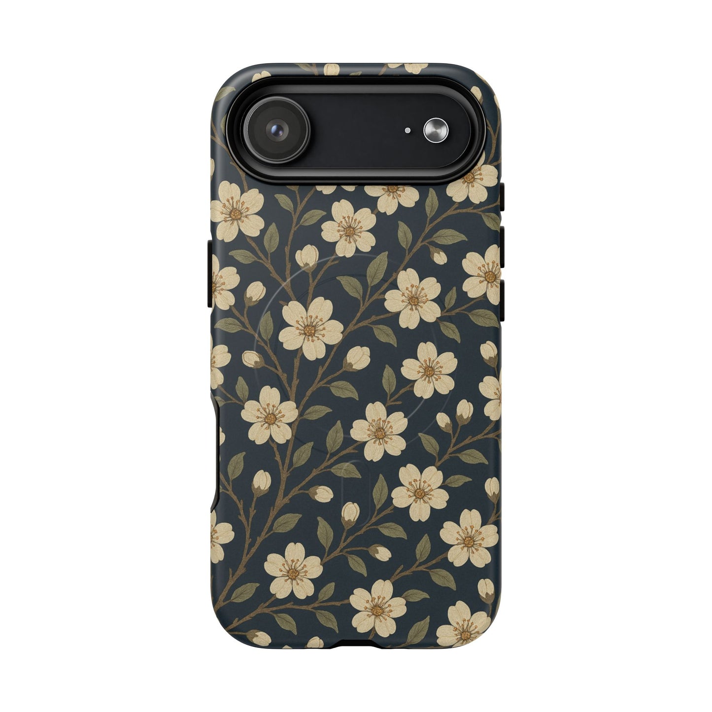 Navy Cherry Blossom Floral iPhone Case - Compatible with MagSafe