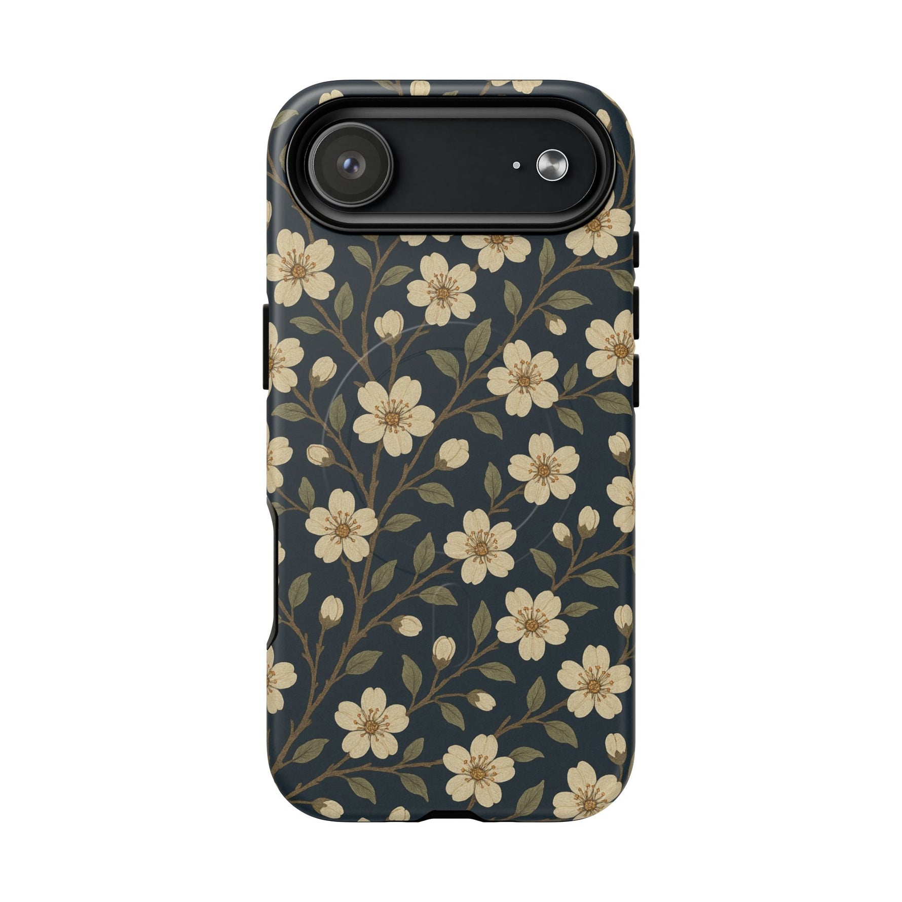 Navy Cherry Blossom Floral iPhone Case - Compatible with MagSafe - Shamo's