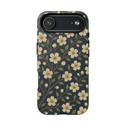 Navy Cherry Blossom Floral iPhone Case - Compatible with MagSafe