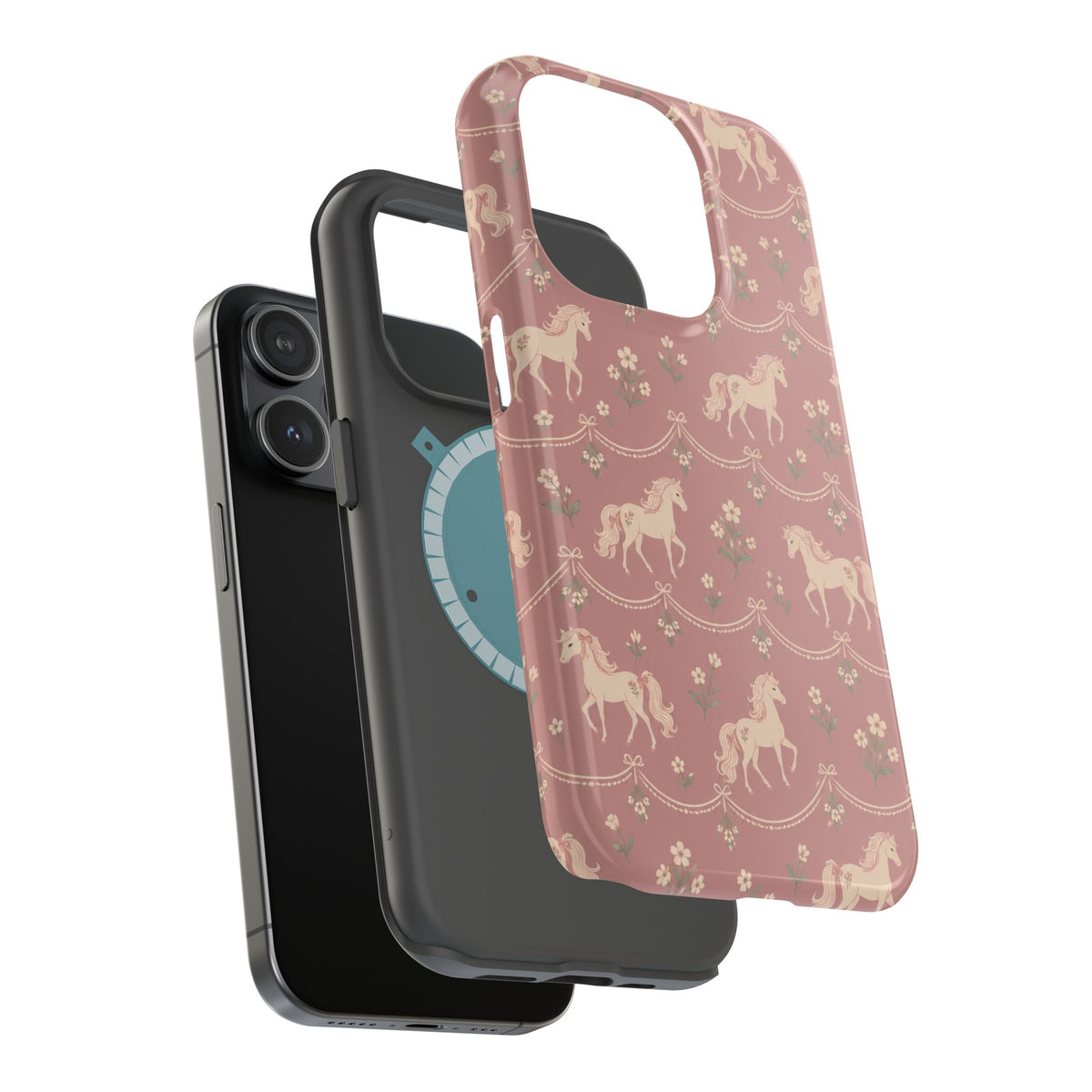 Rose Ponies MagSafe Phone Case, glossy square triple-camera Pro model, exploded shell and liner with magnetic ring