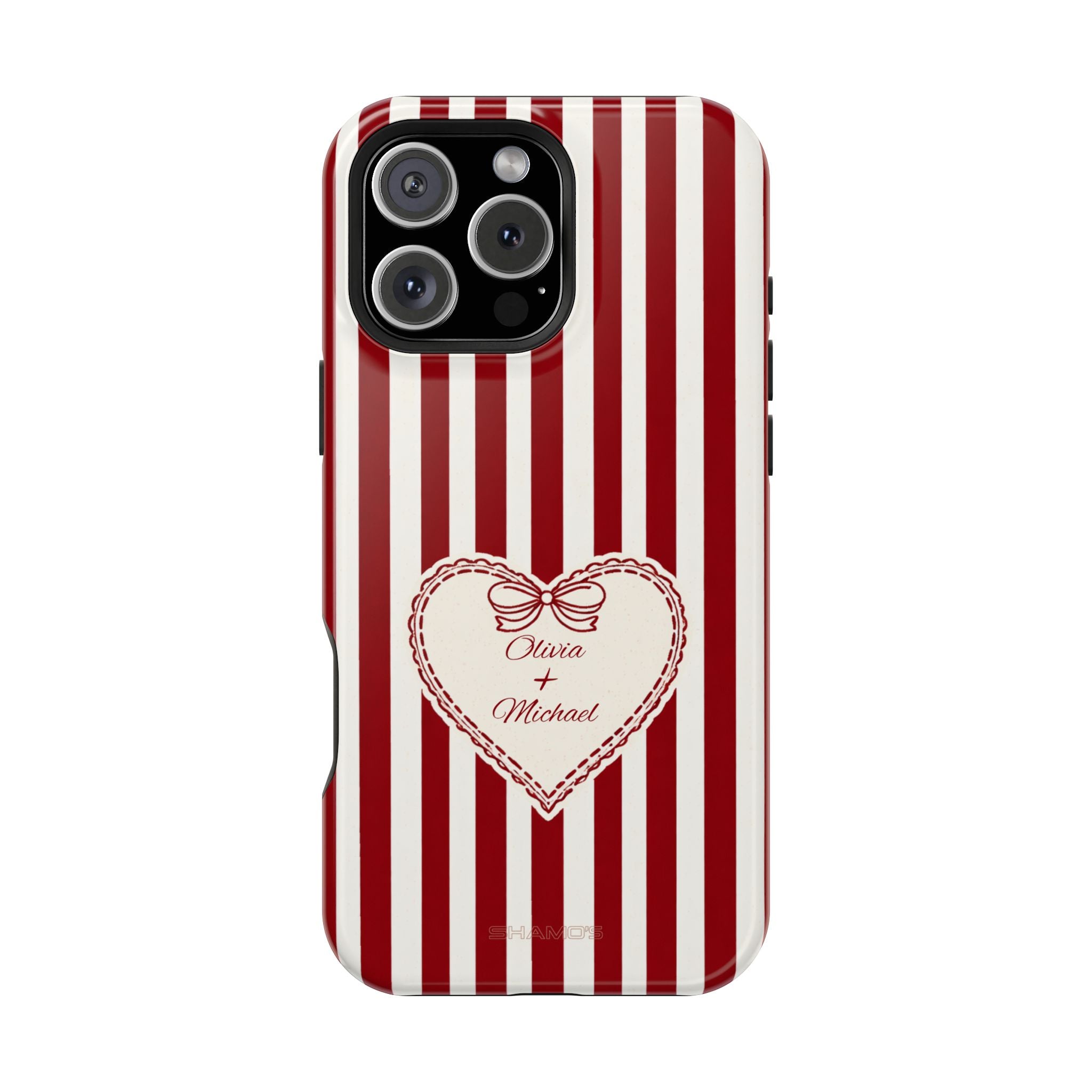 Phone case with red and white vertical stripes and a cream heart with a bow and names