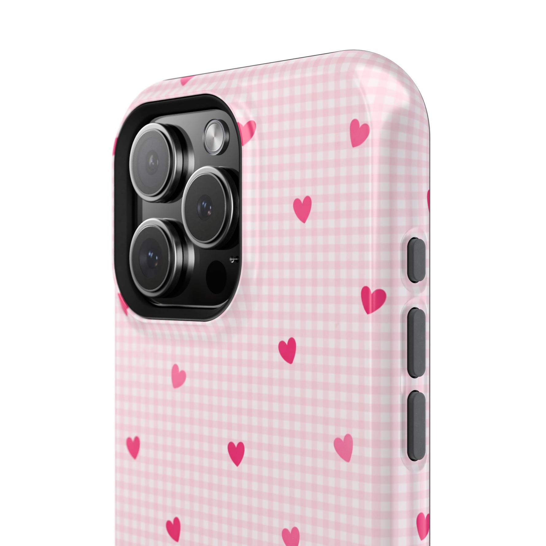 Pink Heart Gingham MagSafe iPhone Case, Impact‑Resistant, Magnetic Protection