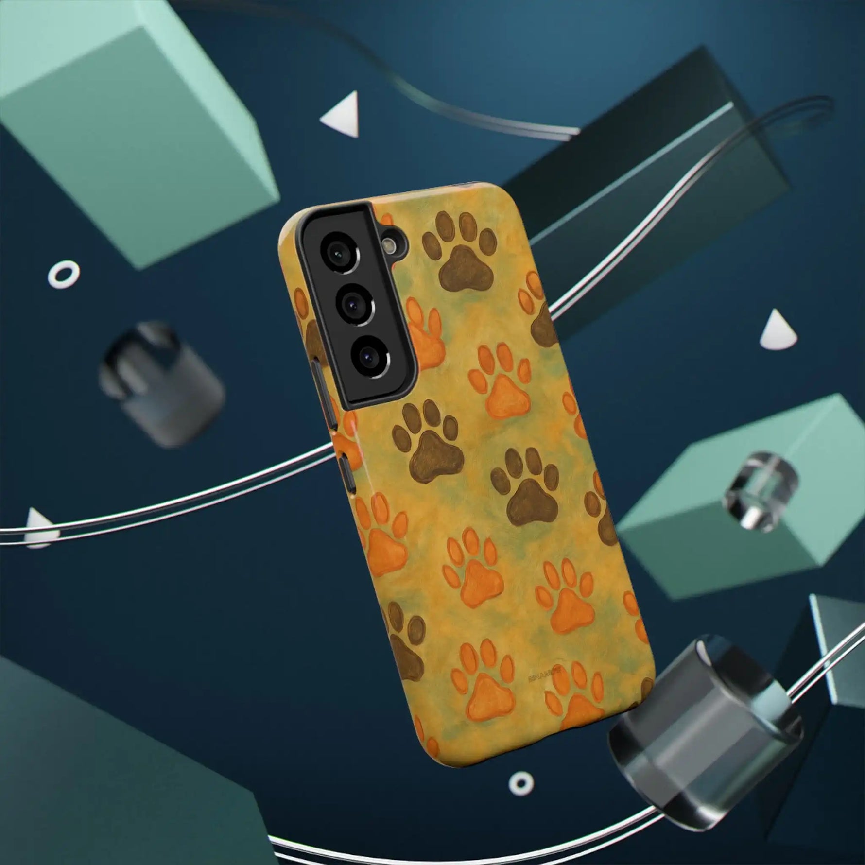 Galaxy S21 phone case with brown and orange paw prints pattern in floating geometric background
