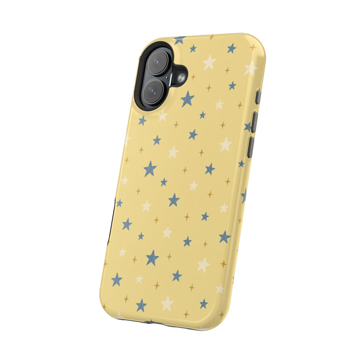 Prairie Stars – Yellow and Blue Star MagSafe Phone Case, glossy vertical dual-camera model, angled rear view