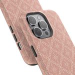 Meadow Lace – Blush Pink Lace Pattern MagSafe Phone Case, glossy square triple-camera Pro model, camera and side-button close-up