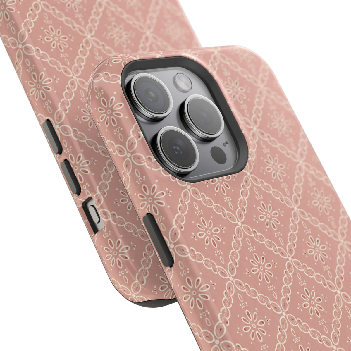 Meadow Lace – Blush Pink Lace Pattern MagSafe Phone Case, glossy square triple-camera Pro model, camera and side-button close-up