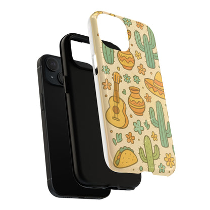 Mexico Hand-Drawn Cactus Pattern iPhone Case – Cute Desert Guitar & Sombrero Design | with MagSafe