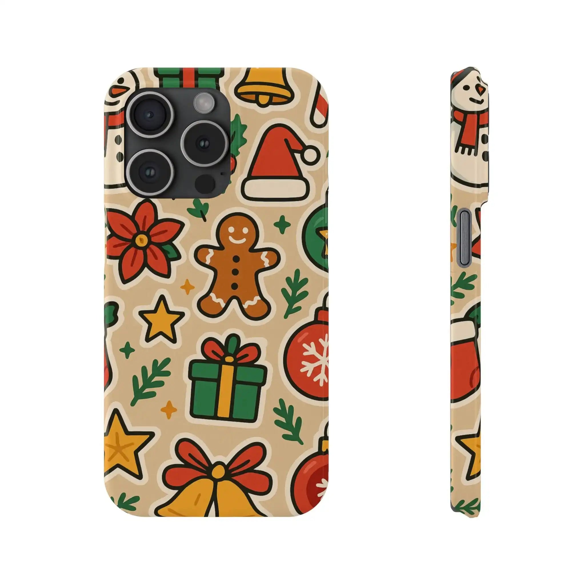 Holiday Pattern Slim iPhone Case — Gingerbread, Santa Hat & Gifts Holiday Design  Shamo's iPhone 15 Pro