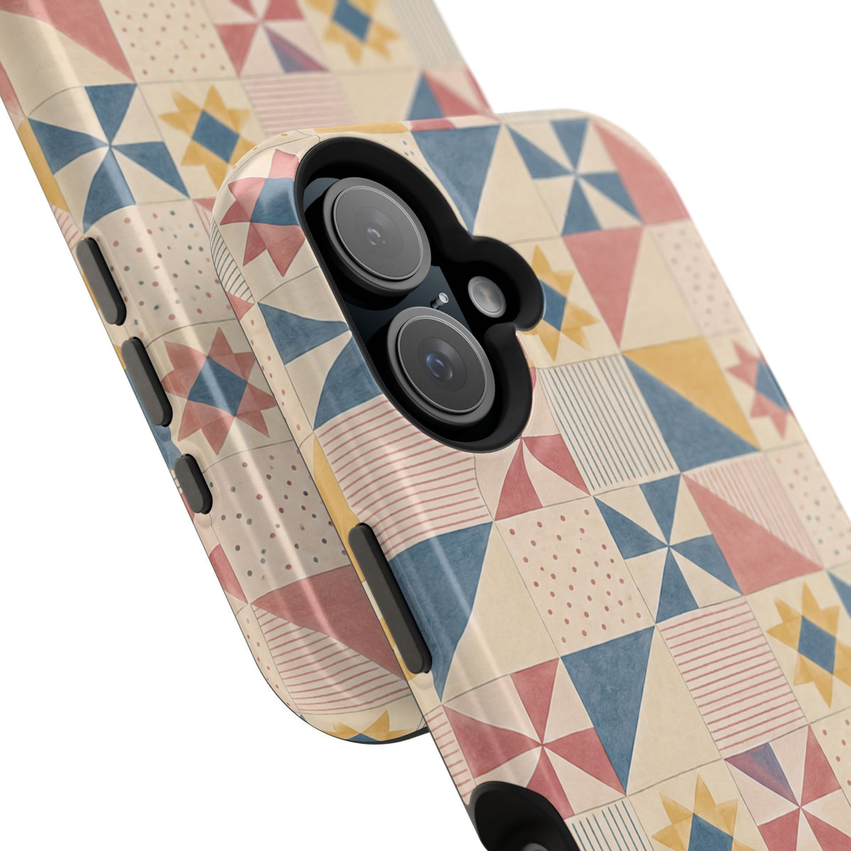 Prairie Quilt – Pastel Patchwork Pattern MagSafe Phone Case, glossy vertical dual-camera model, camera and side-button close-up