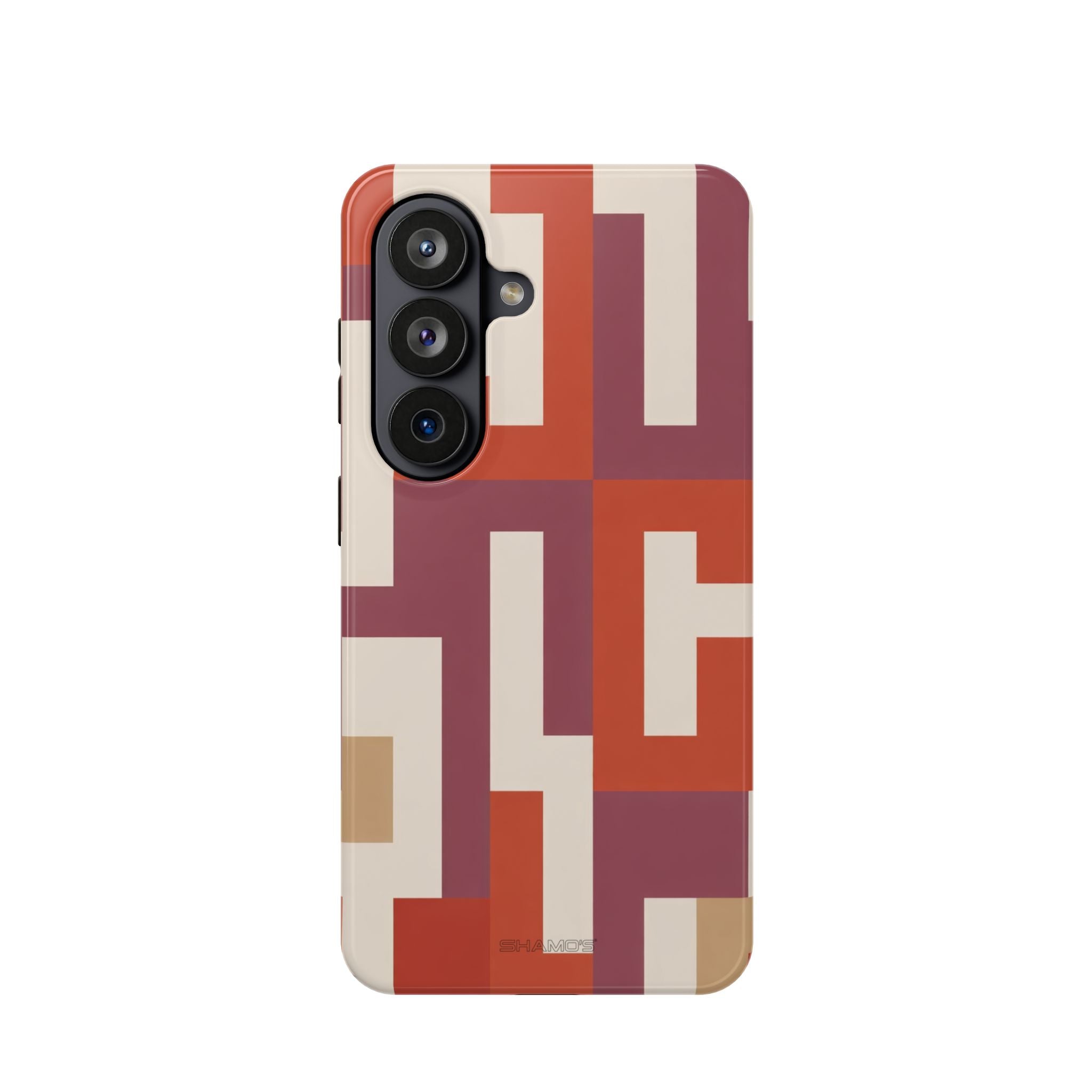 Phone case with interlocking rectangular shapes in rust red, burgundy, and cream