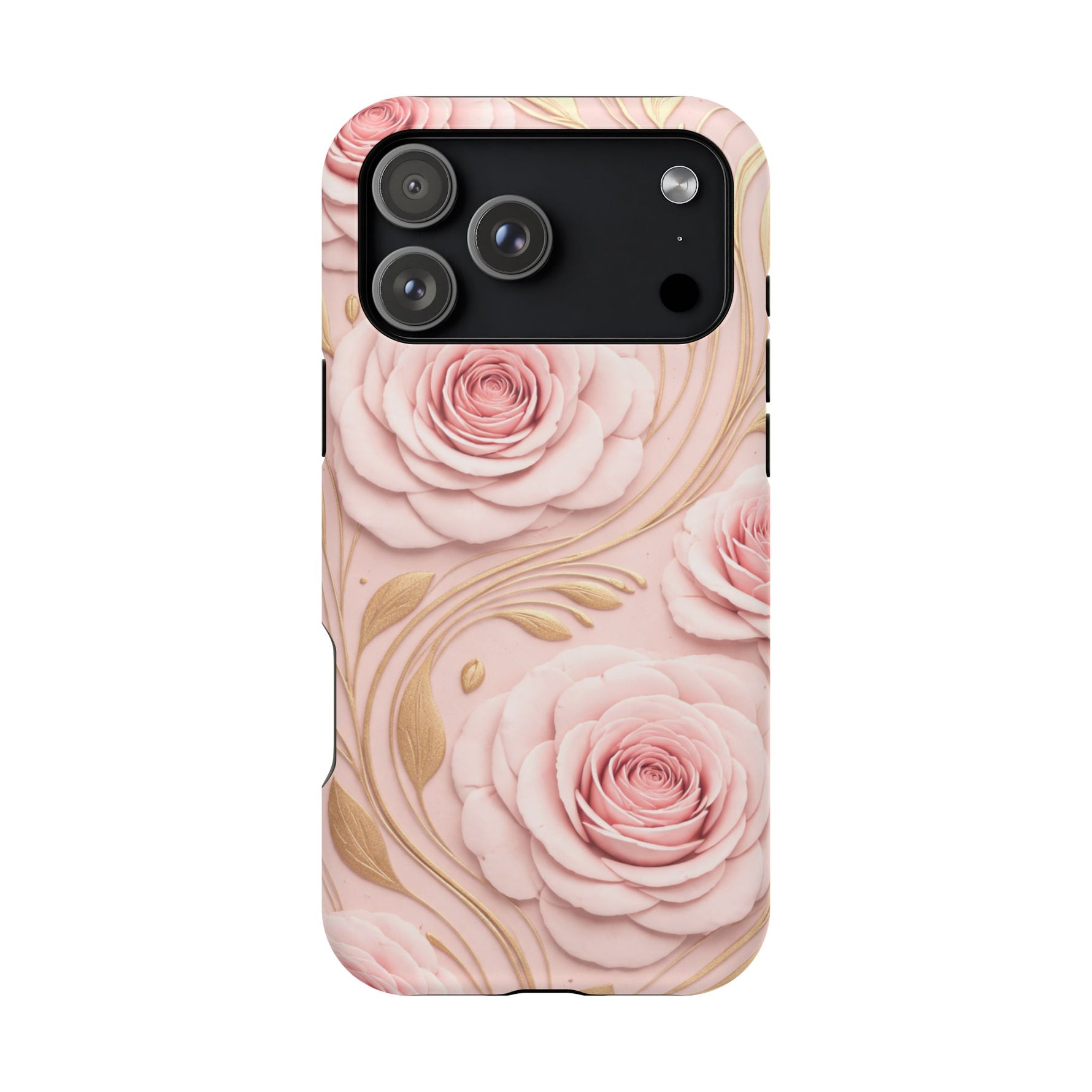 Floral Pink Rose MagSafe iPhone Case, Gold Leaf Magnetic Impact-Resistant