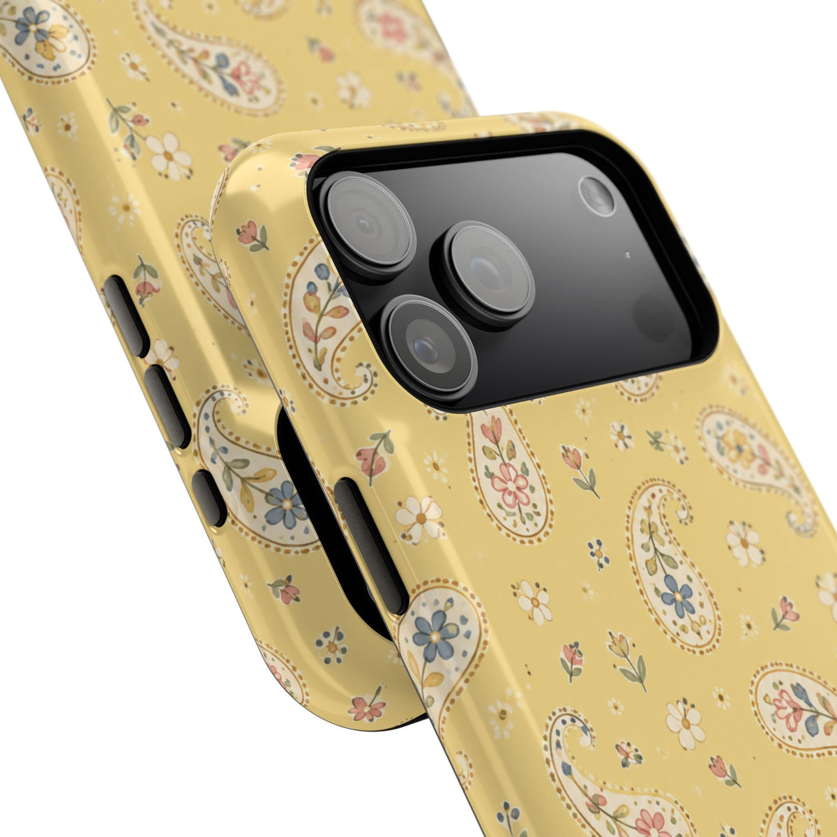 Honey Paisley MagSafe Phone Case, glossy wide-camera Pro Max model, camera and side-button close-up