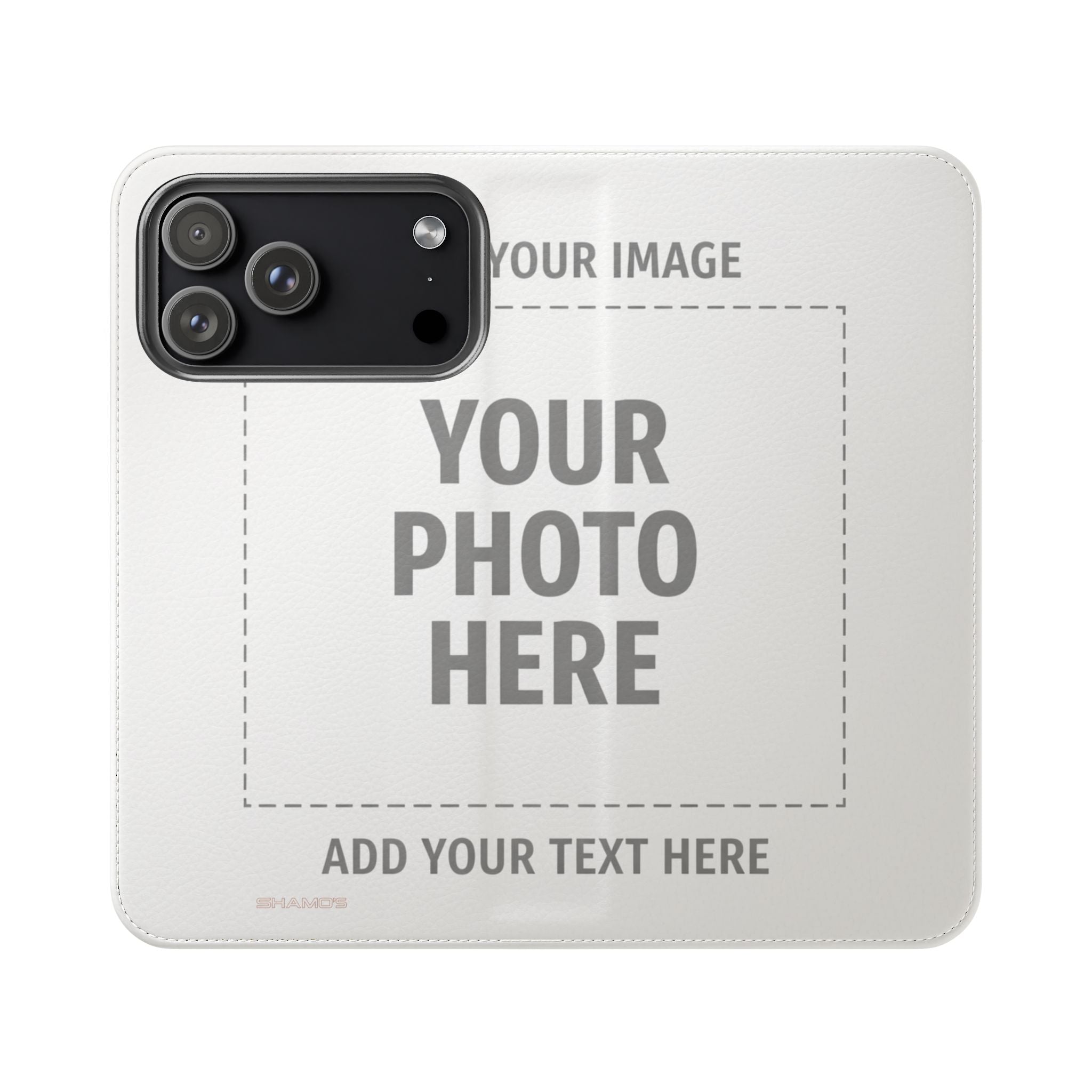 Outside of an open customizable wallet phone case with Your Photo Here and Add Your Text Here placeholders