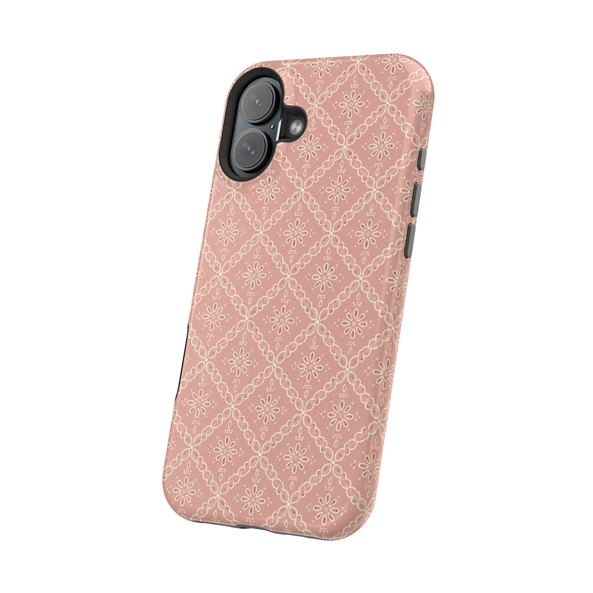 Meadow Lace – Blush Pink Lace Pattern MagSafe Phone Case, glossy vertical dual-camera model, angled rear view