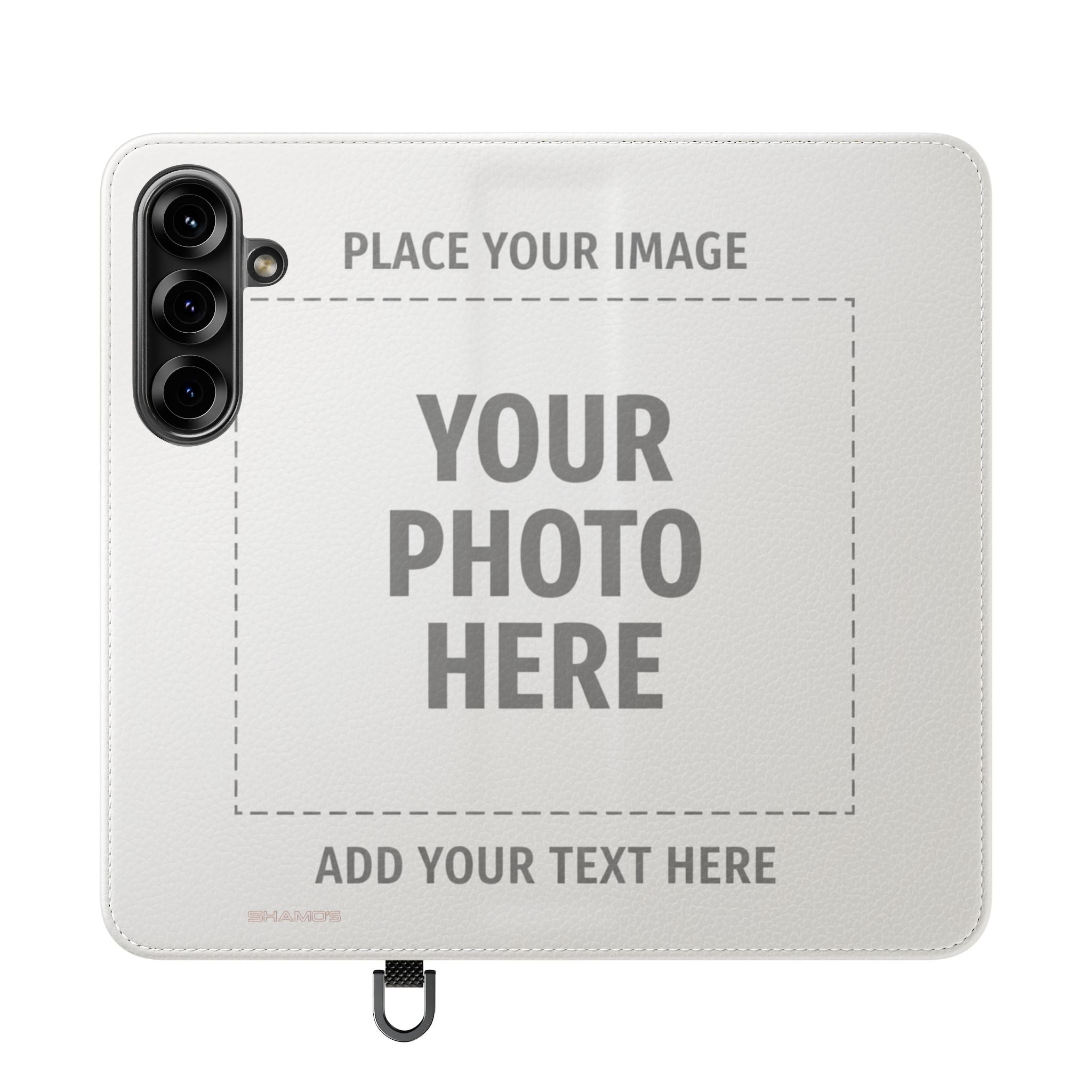 Outside of an open customizable wallet phone case with Your Photo Here and Add Your Text Here placeholders