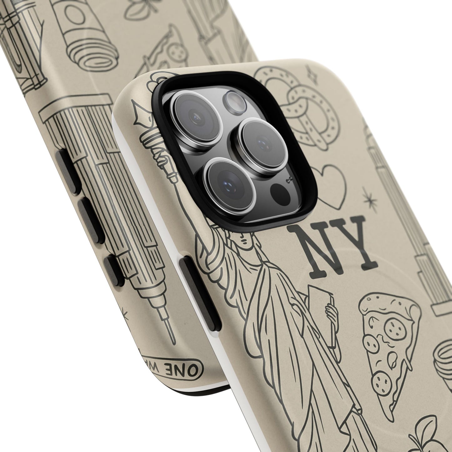 NY City Icons Tough iPhone Case — Statue of Liberty, Pizza & Taxi Pattern | Compatible with MagSafe