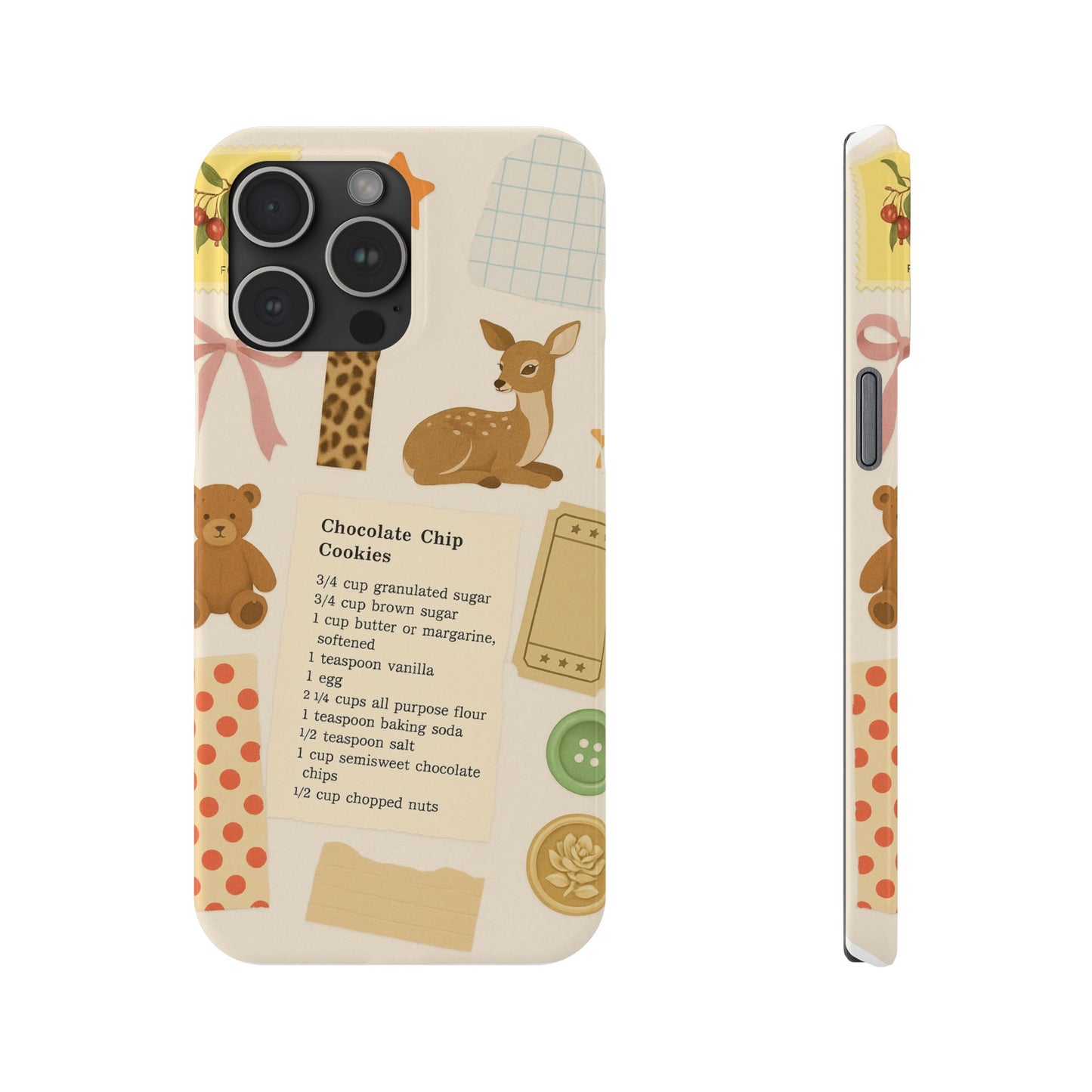 Slim iPhone Case — Cozy Baking & Teddy Pattern (Recipe, Deer, Buttons)