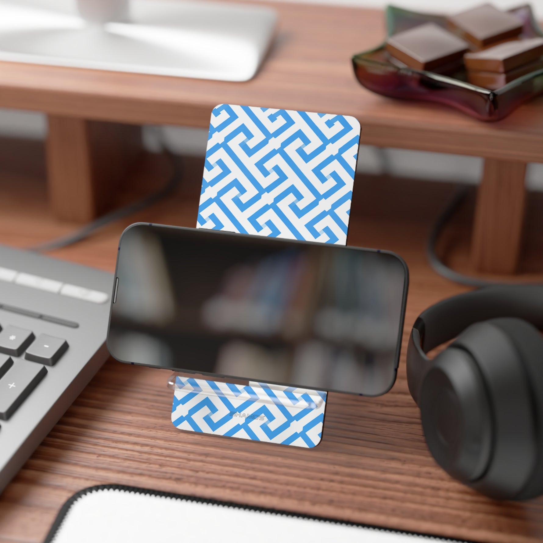 Preppy Blue Geometric Phone Stand – Foldable Mobile Display Stand for Smartphones