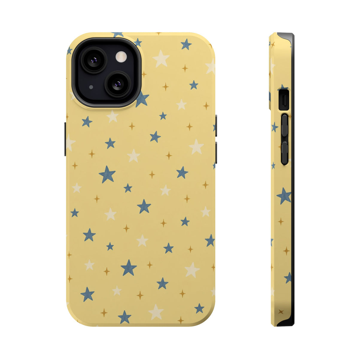 Prairie Stars – Yellow and Blue Star MagSafe Phone Case, glossy iPhone 13, rear and side profile
