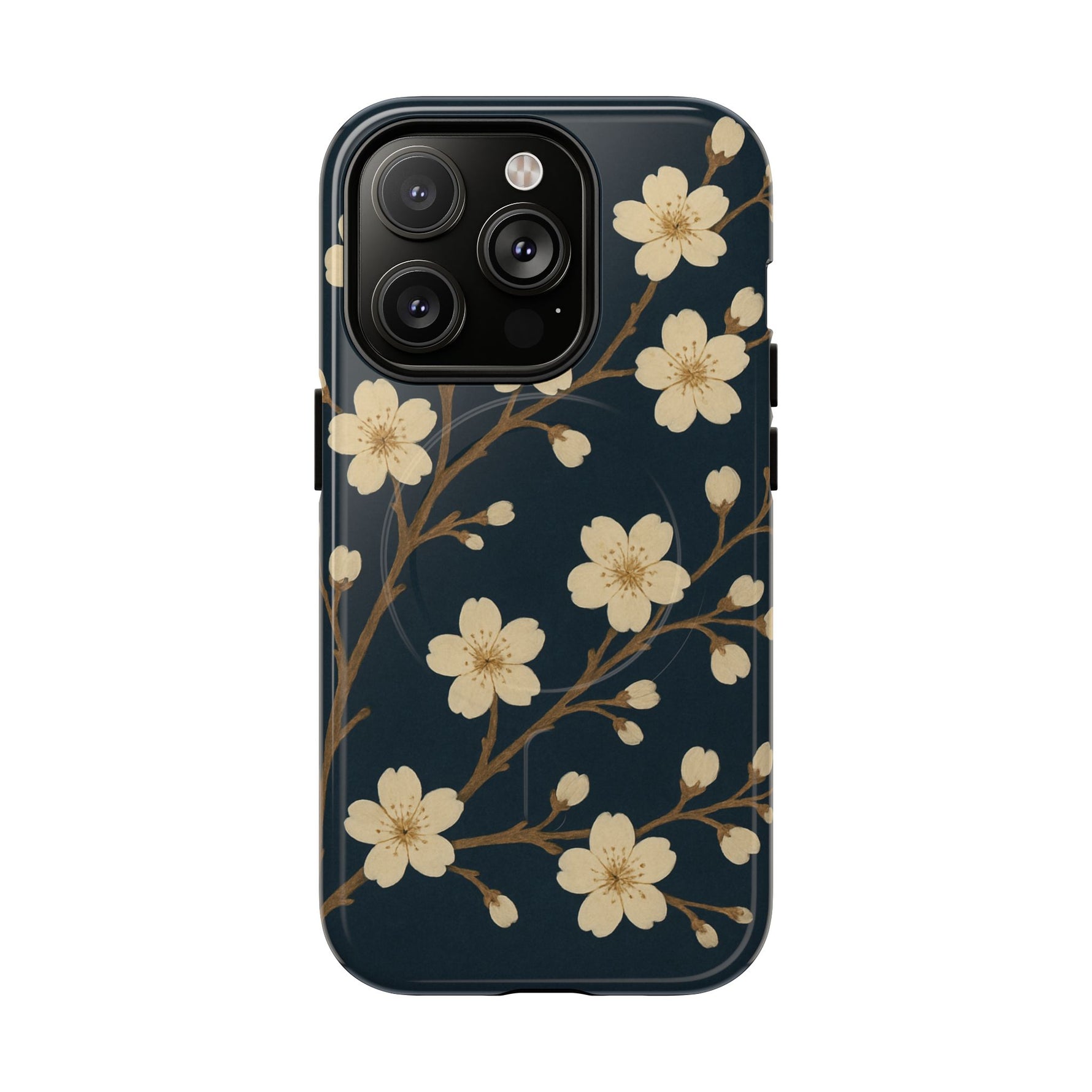 Navy Cherry Blossom Floral iPhone Case - Compatible with MagSafe - Shamo's