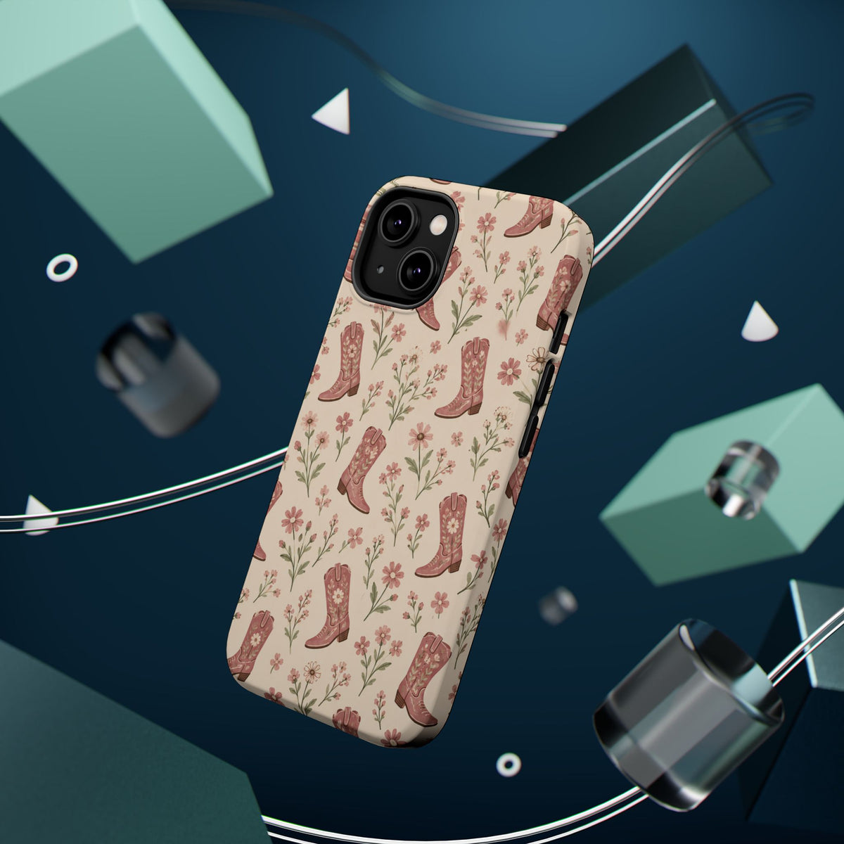 Floral Boots MagSafe Phone Case, glossy diagonal dual-camera model, rear view with magnetic accessories