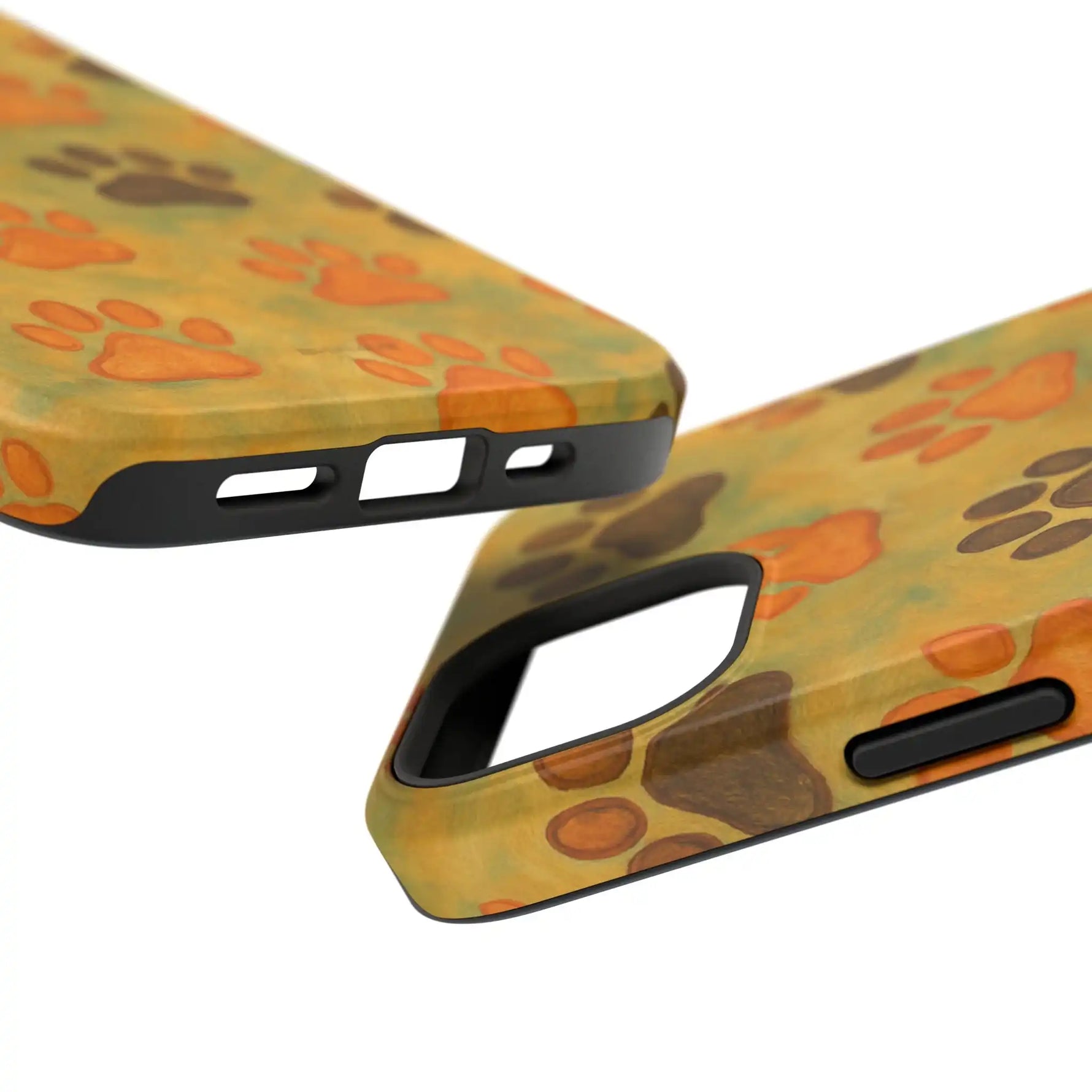 Two sizes of eco-friendly phone cases with orange and brown paw print design on green background