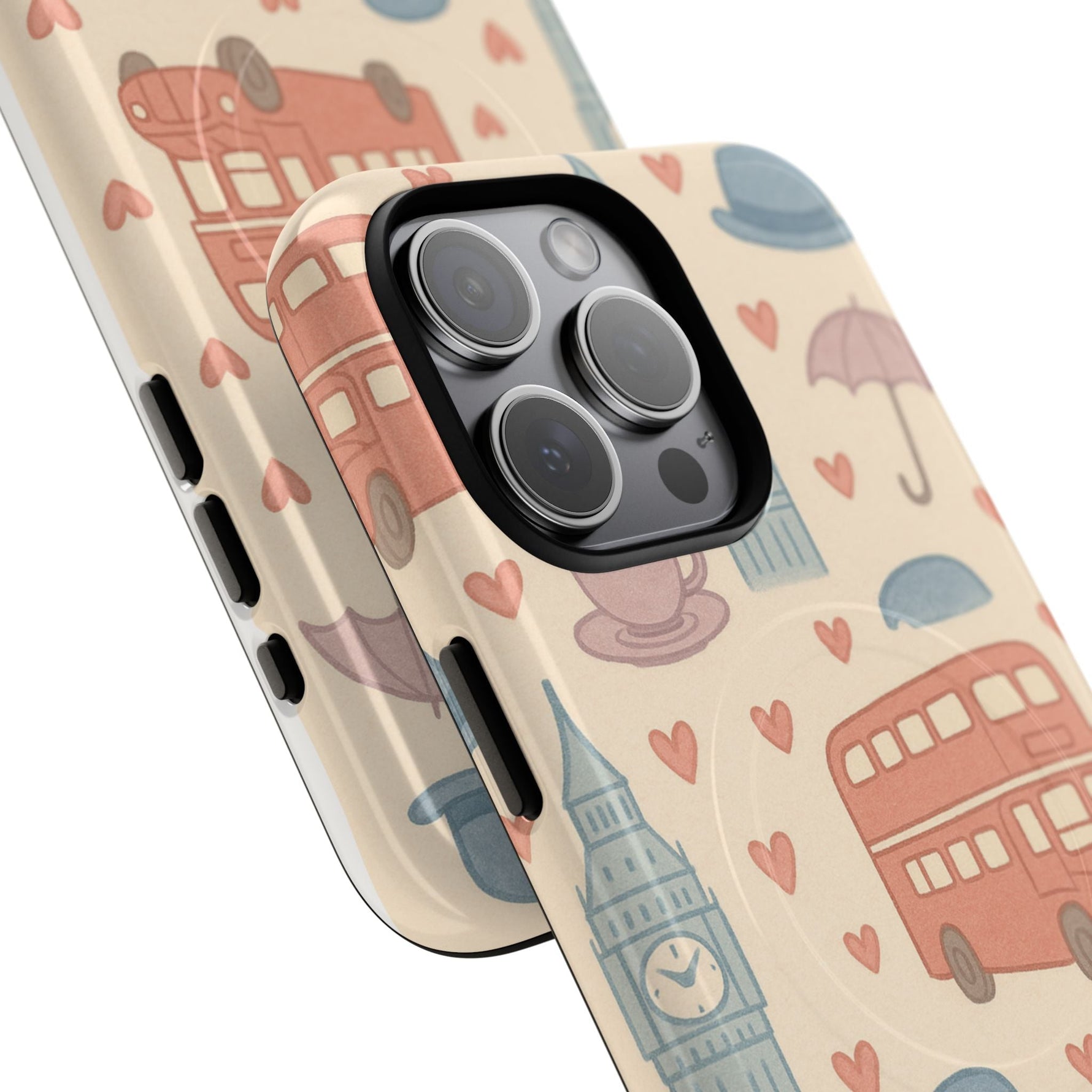 London Icons Hand-Drawn iPhone Case — Cute Double-Decker Bus & Big Ben Pattern with MagSafe compatibility  Shamo's