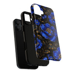 Black iPhone with two phone cases, including a glossy floral case featuring large blue flowers and gold leaves in variant size