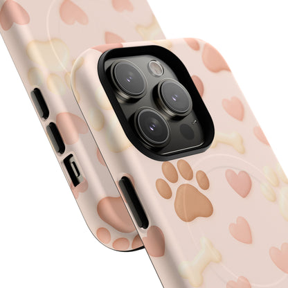 Pet Paw Pattern Phone Case — Pink Puppy Hearts & Bones with MagSafe