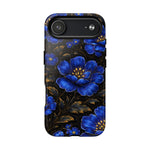 iPhone 7/8 case with large blue floral pattern and gold leaves on black background, variant size