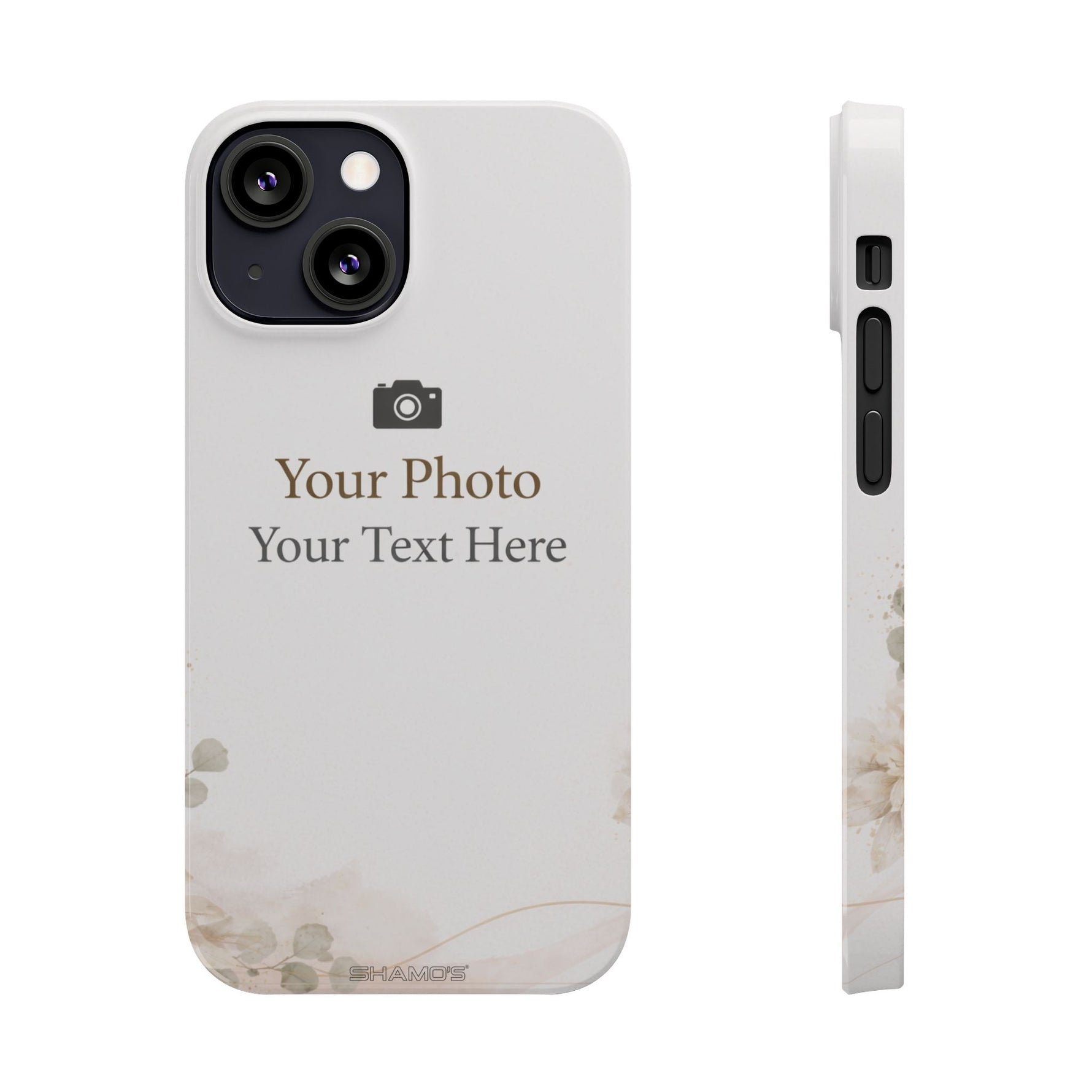Personalized Slim Phone Case, Custom Photo & Text Minimal Floral Design - iPhone 13 Mini - Shamo's