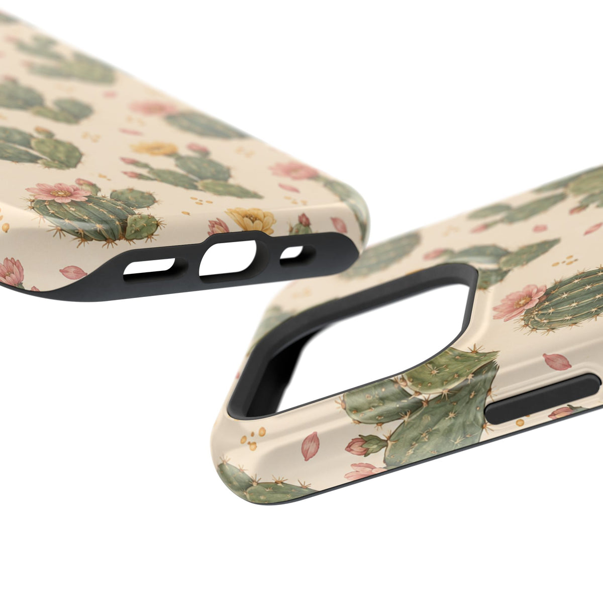 Cactus Bloom – Sage Green Floral Cactus MagSafe Phone Case, glossy square triple-camera Pro model, port openings and edge details