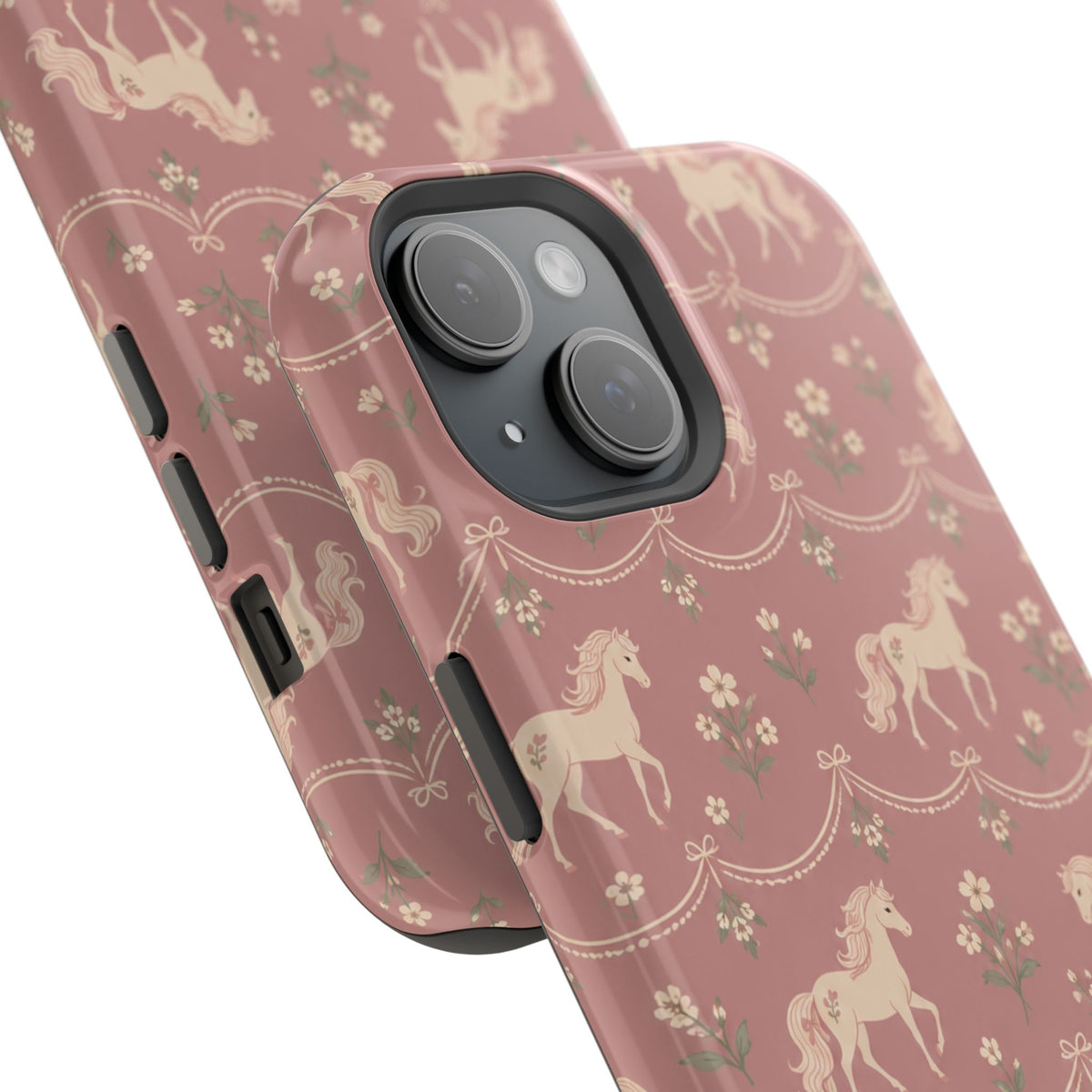 Rose Ponies MagSafe Phone Case, glossy diagonal dual-camera model, camera and side-button close-up