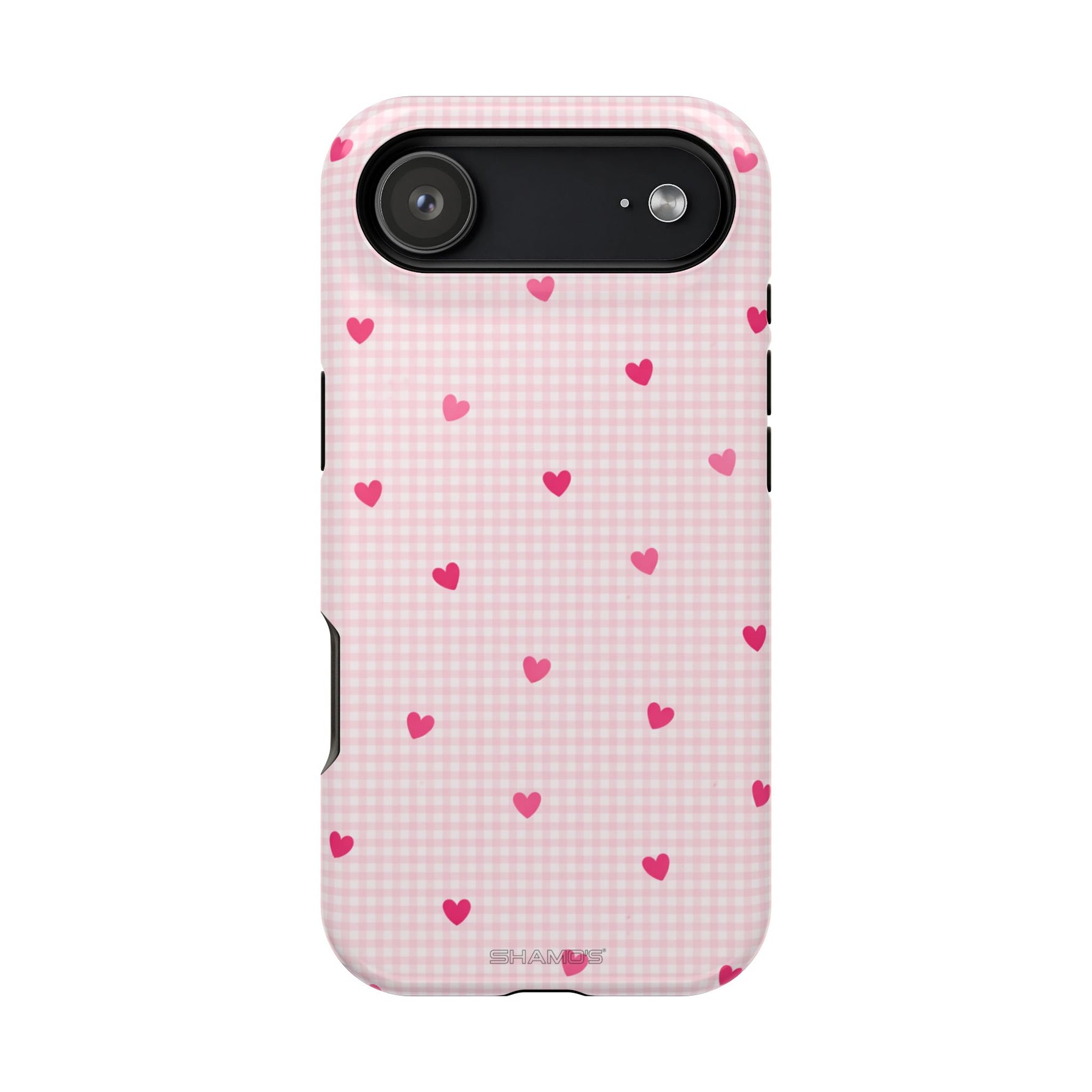 Pink Heart Gingham MagSafe iPhone Case, Impact‑Resistant, Magnetic Protection