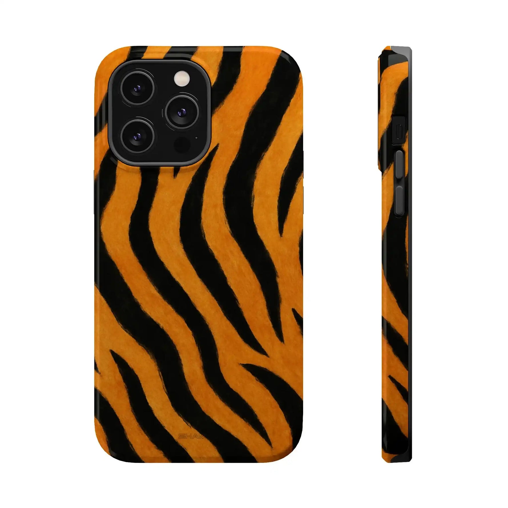 Tiger print phone case shown in front and side variant size views with black and orange stripes
