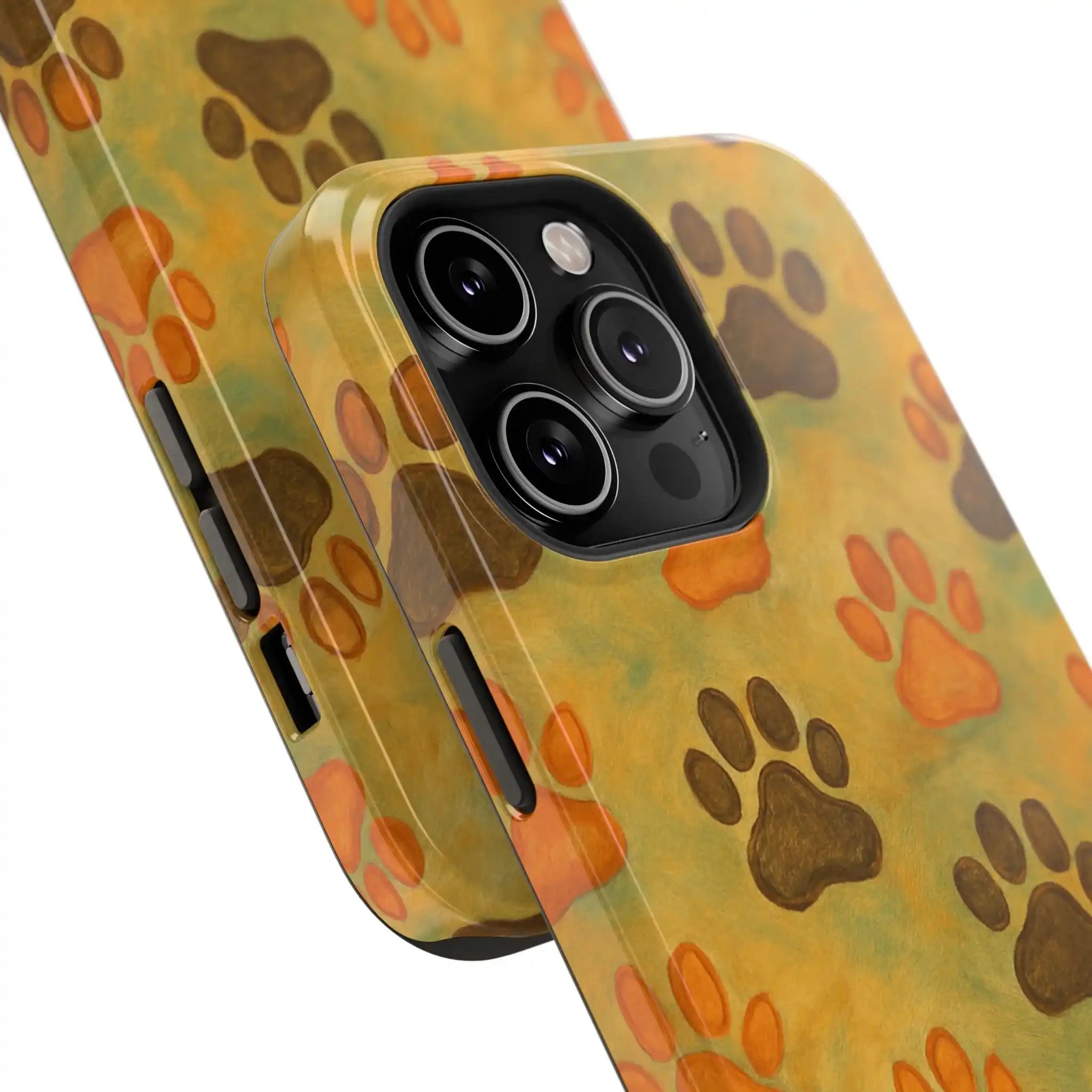 Two phone cases with brown and orange paw print design, showing different sizes side by side