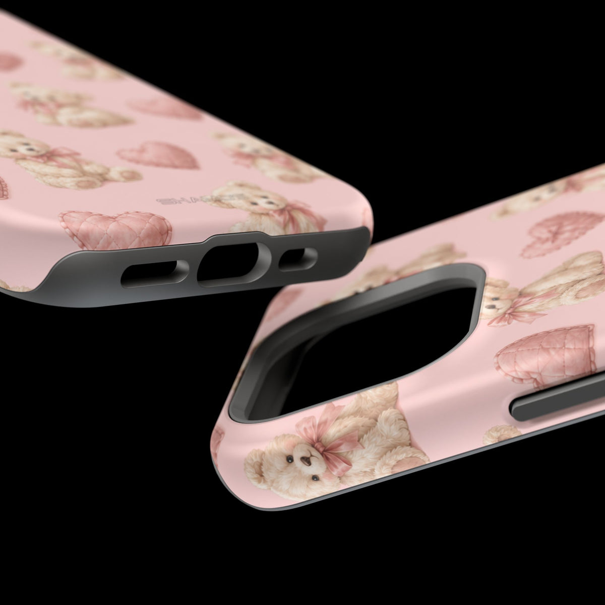 Pink Teddy Hearts Love iPhone Case, Impact-Resistant MagSafe Compatible