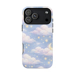 iPhone case with small variant size featuring dreamy clouds, stars, and crescent moon design