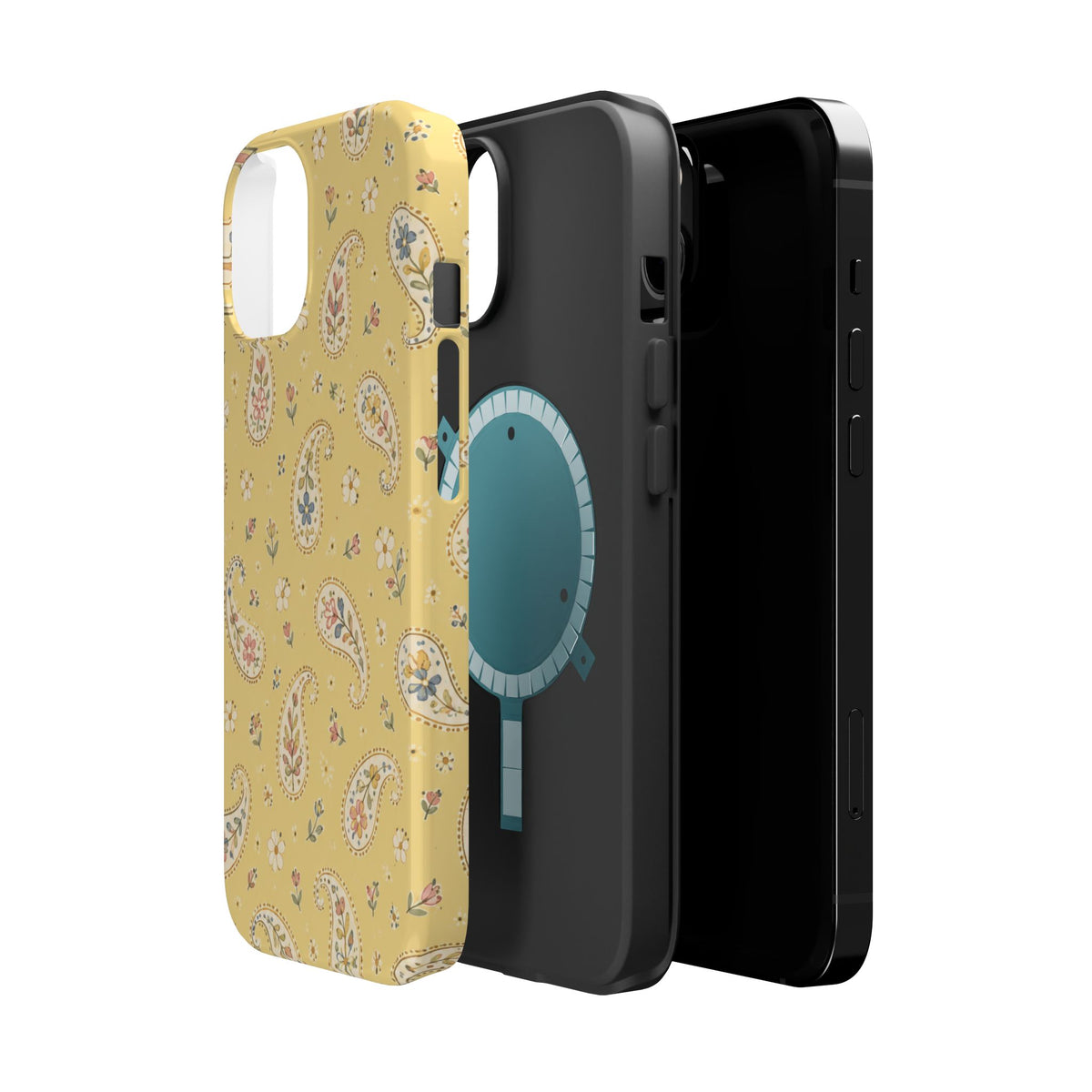 Honey Paisley MagSafe Phone Case, glossy diagonal dual-camera model, exploded shell and liner with magnetic ring