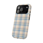 Ranch Check – Blue and Cream Plaid MagSafe Phone Case, glossy compact wide-camera Pro model, angled rear view