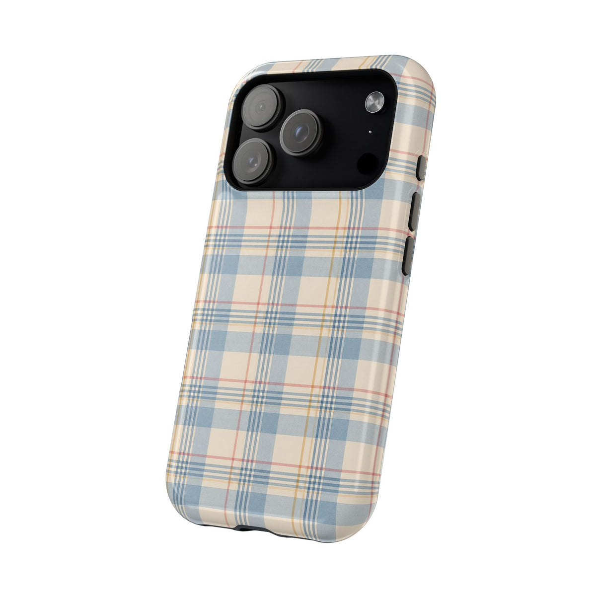 Ranch Check – Blue and Cream Plaid MagSafe Phone Case, glossy compact wide-camera Pro model, angled rear view