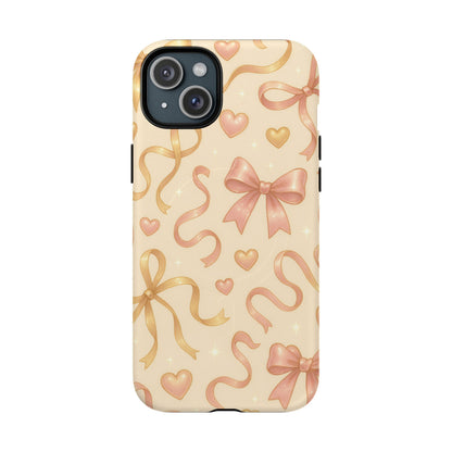 Festive Bow Charm iPhone Case — Pink & Gold Ribbon Hearts with MagSafe - Shamo's